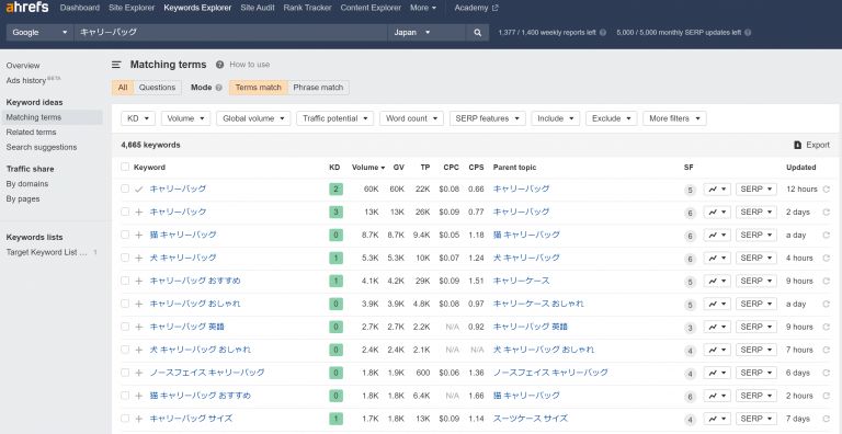 Ahrefs Matching Terms画面