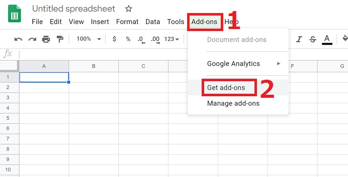 Google スプレッドシートでアドオンのGet add-onsをクリック