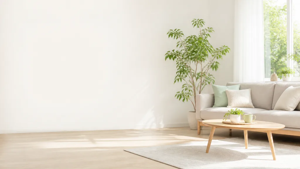 An ad banner background image of a bright living room with a sofa and a low table