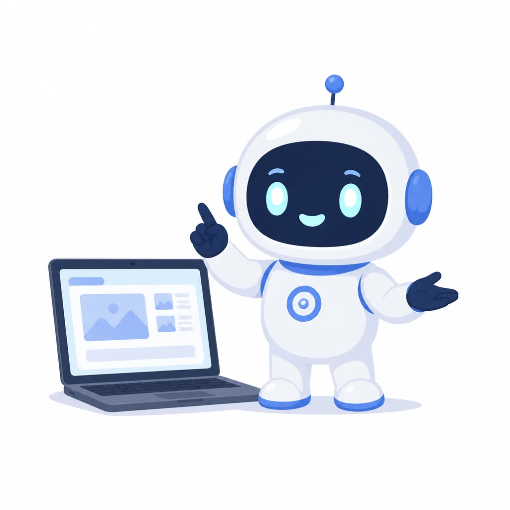 A character image of a small AI assistant standing next to a laptop explaining something