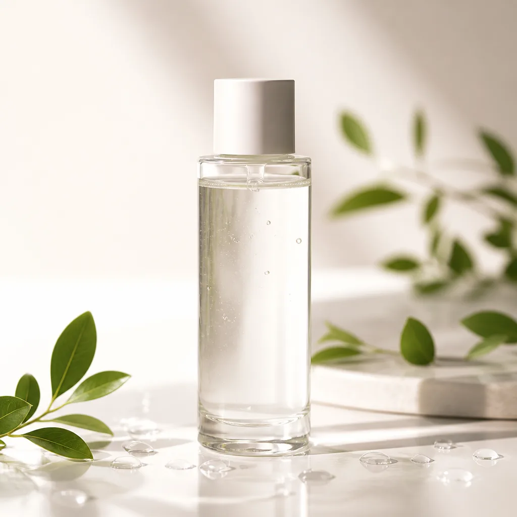 A photo-style product image of a transparent skincare bottle placed in the center