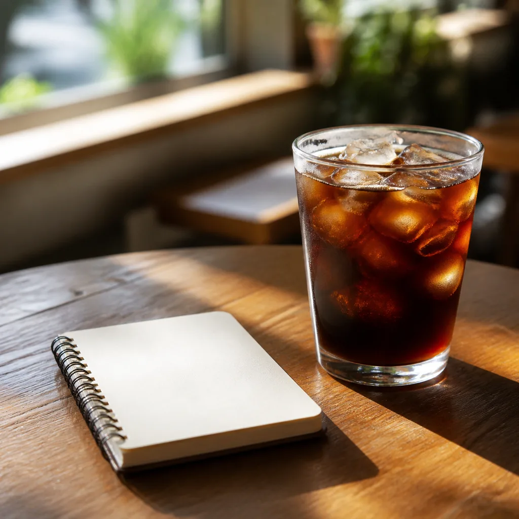 A photo-style social media post image of an iced coffee and a small notebook on a wooden cafe table