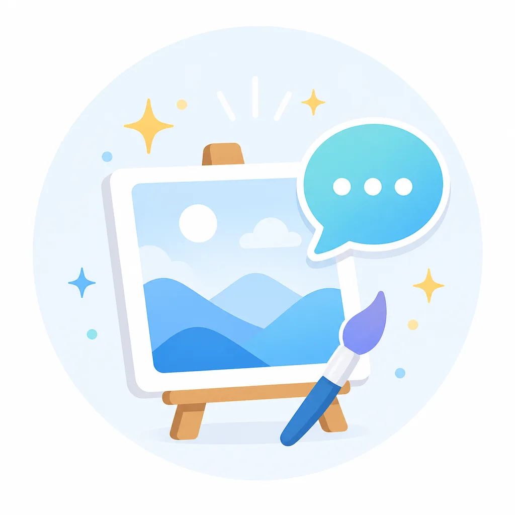 A social media icon image of a sparkling canvas and speech bubble representing AI image generation