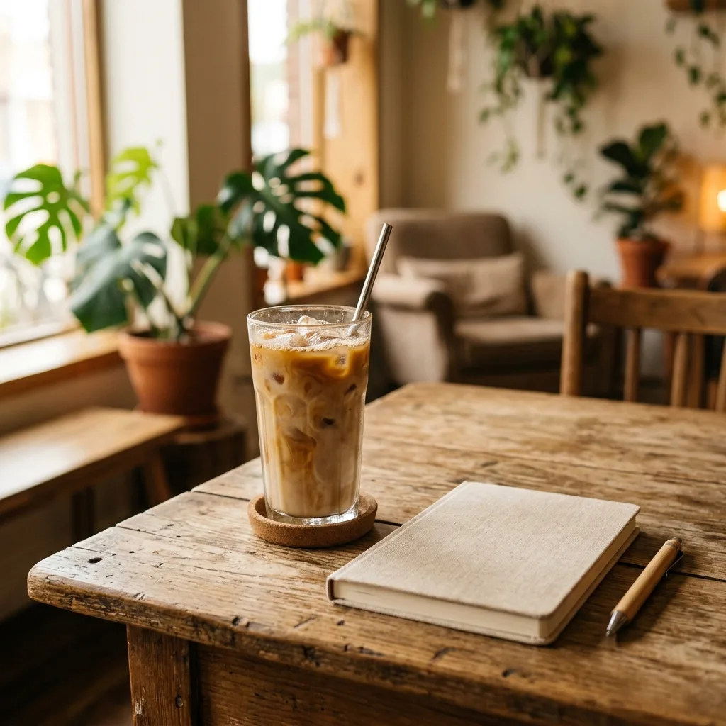 A photo-style social media post image of an iced coffee and a notebook on a cafe table generated by Nano Banana